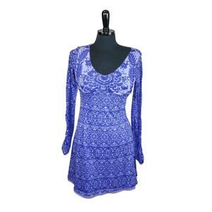 Athleta Mini Dress Empire Waist Ruched Long Sleeves Purple Floral XS